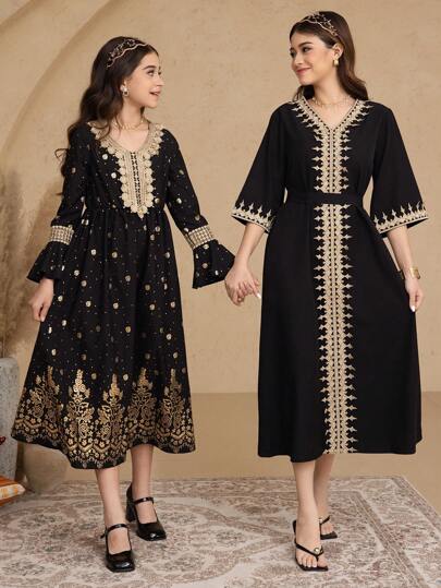 SHEIN رمضان فستان بنات مراهقات بياقة V وشريط ذهبي ولون متباين وحزام أسود