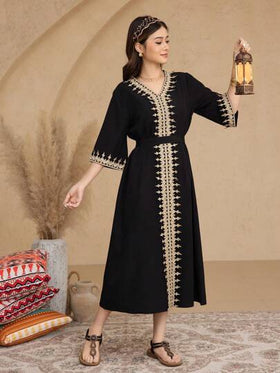 SHEIN رمضان فستان بنات مراهقات بياقة V وشريط ذهبي ولون متباين وحزام أسود