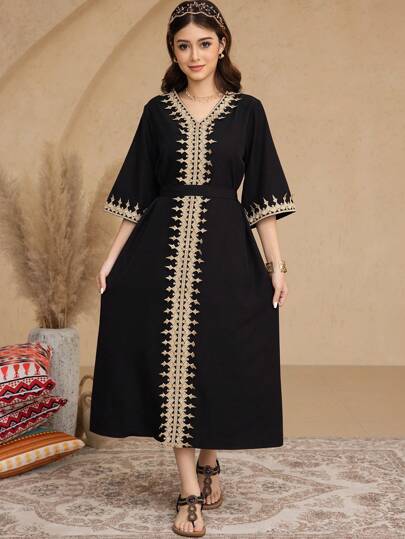 SHEIN رمضان فستان بنات مراهقات بياقة V وشريط ذهبي ولون متباين وحزام أسود