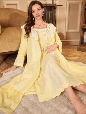 PalaceNights طقم بيجامة نسائي مكون من قميص نوم مطرز بطراز قصر قديم، وروب، مناسب لفصلي الخريف والشتاء