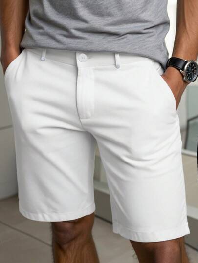 Manfinity Homme شورتات بخصر مرن مناسبة للاستخدام اليومي والخارجي للرجال، أشكال ألوان سادة وتفاصيل عصرية، مناسبة كهدية لخطيب أو زوج، ملابس صيفية للرجال