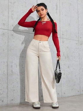 SHEIN PETITE بنطلون جينز بقصة مستقيمة ذو لون أحادي بسيط كاجوال