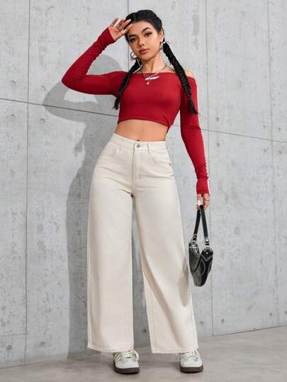 SHEIN PETITE بنطلون جينز بقصة مستقيمة ذو لون أحادي بسيط كاجوال