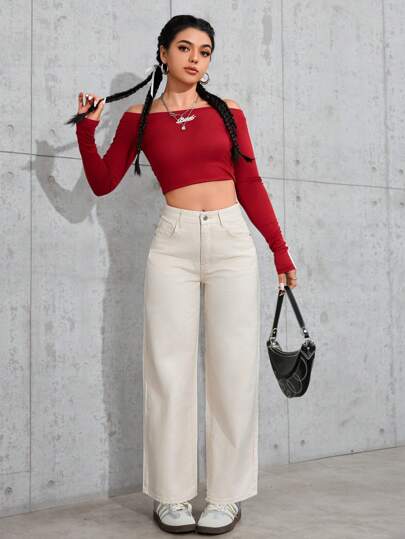 SHEIN PETITE بنطلون جينز بقصة مستقيمة ذو لون أحادي بسيط كاجوال