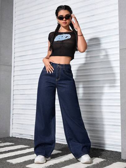 SHEIN PETITE بنطلون جينز واسع الساق بناطيل فضفاضة مناسبة للسيدات مع جيوب