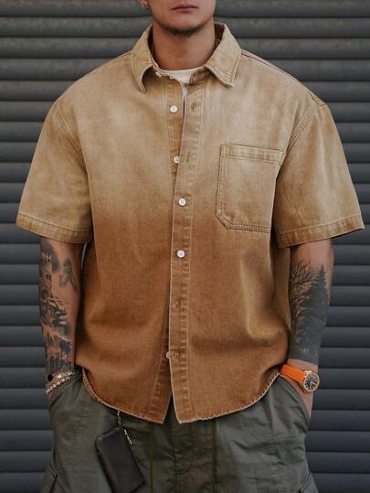 DAZY قميص دينم للرجال بلون بني داكن بتدرج قصير في الصيف