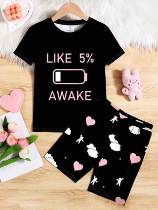 بيجاما طقم بيجامة للفتيات المراهقات في عيد الحب، تي شيرت بأكمام قصيرة وشورت، بطبعات قلب وسحابة، تصميم بسيط وأنيق، مناسب للربيع والصيف