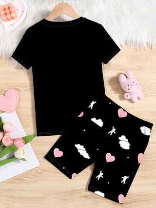 بيجاما طقم بيجامة للفتيات المراهقات في عيد الحب، تي شيرت بأكمام قصيرة وشورت، بطبعات قلب وسحابة، تصميم بسيط وأنيق، مناسب للربيع والصيف