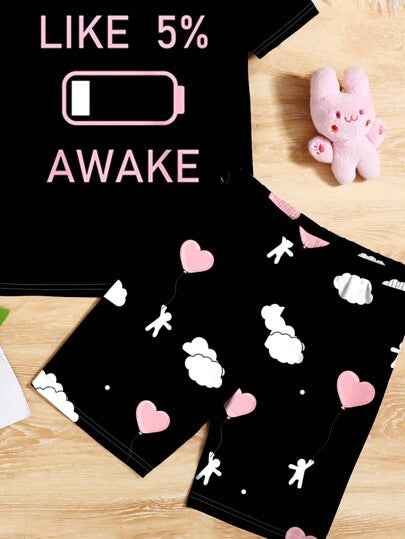 بيجاما طقم بيجامة للفتيات المراهقات في عيد الحب، تي شيرت بأكمام قصيرة وشورت، بطبعات قلب وسحابة، تصميم بسيط وأنيق، مناسب للربيع والصيف