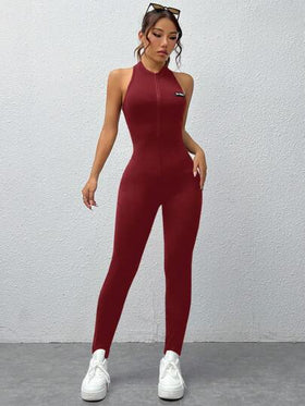 SHEIN EZwear جمبسوت رياضية تريكو أكمام بدون أكمام وسحاب أمامي
