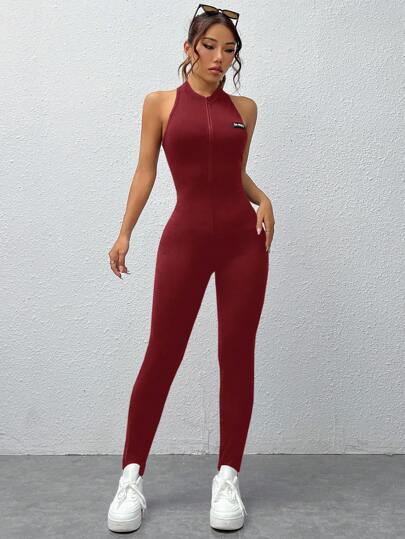 SHEIN EZwear جمبسوت رياضية تريكو أكمام بدون أكمام وسحاب أمامي