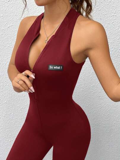 SHEIN EZwear جمبسوت رياضية تريكو أكمام بدون أكمام وسحاب أمامي