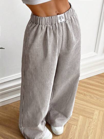 EZwear بنطلون كاجوال للنساء بنمط مخطط بني وأبيض، مناسب للربيع والصيف