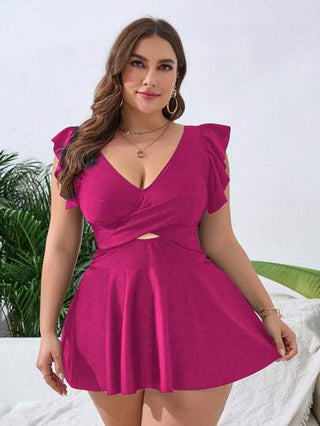 SHEIN Swim Curve مجموعة بيكيني بحجم كبير للسيدات، موديل وردي سادة ذو ربطة خصر، قطعتان منسقتان للثياب السباحة، آنيقة ومناسبة للعطلات