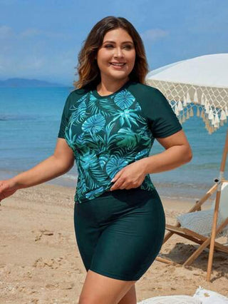 Swim Lushoire مجموعة مثيرة للصيف + مقاس كبير 2 قطعة: توب كم قصير بنقشة عشوائية وشورت فضفاض، ملائمة وقابلة للارتداء اليومي للعطلة المريحة