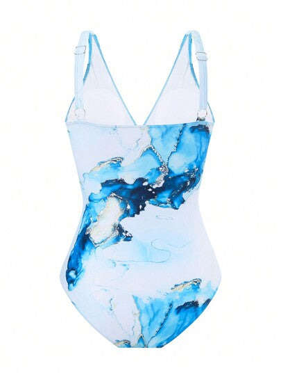 Swim Oasis مجموعة من قطعتين بدلة السباحة ذات الحجم الكبير ذات طبعة أزرق بنمط الرخام العشوائي ، وتنورة كاب الشاطئ للعطلات ، ملابس صيفية للعطلات