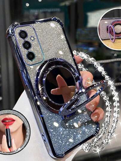 جديد Galaxy I-Phone 16 Pro 16Pro Max Sam-Sung S25/S25Plus/S25Ultra حالة مقاومة للسقوط من الزوايا الأربع مع حبال اللؤلؤ الصناعي واللون الوردي اللامع ومرآة تجميل دائرية مغناطيسية مدمجة في الهاتف مناسبة لهواتف Xm HW RM Oppo