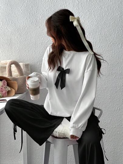 طقم حريمي قطعتين EZwear طقم سيدات مكون من: ملابس علوية طويلة الأكمام بياقة مستديرة مزينة بفيونكة وبنطال طويل ، كاجوال