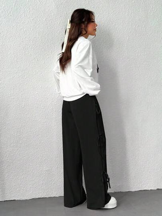 طقم حريمي قطعتين EZwear طقم سيدات مكون من: ملابس علوية طويلة الأكمام بياقة مستديرة مزينة بفيونكة وبنطال طويل ، كاجوال