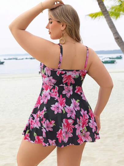 Swim Lushoire مجموعة بحجم كبير للنساء مكونة من 2 قطعة، توب بأربطة قابلة للتعديل ومطبوع بزهور السوسن و سروال خصر عالٍ، بيكيني وتانكيني أنيقة وكاجوال مناسبة للشاطئ والعطلات