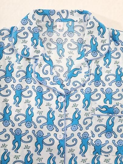 مجموعة بيجاما نسائية مكونة من ملابس علوية كم قصير أزرار V-neck وبنطلون طباعة قرد، مناسبة للصيف وللاستخدام المنزلي، مجموعة من قطعتين