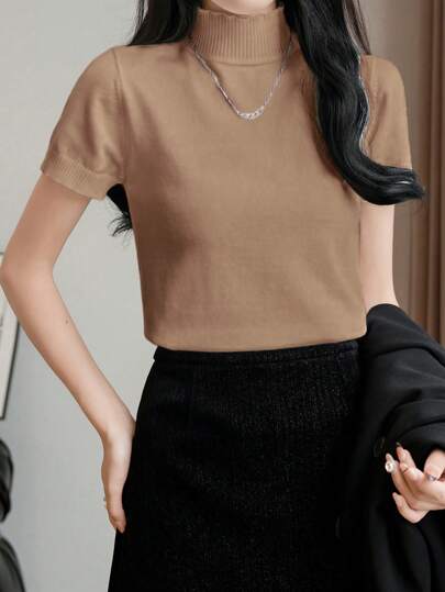 EMERY ROSE ملابس علوية كم قصير رقبة صائمة ذات تصميم مبسط، موضة عصرية مناسبة للاستخدام اليومي