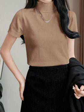 EMERY ROSE ملابس علوية كم قصير رقبة صائمة ذات تصميم مبسط، موضة عصرية مناسبة للاستخدام اليومي