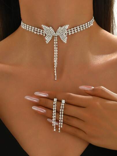 مجموعة مجوهرات تشمل 3 قطع: قلادة تعليقة فراشة بوهيمية بشرابات ، وحلقات متطابقة ، بطراز بسيط للحفلات ، العروس ، الزفاف