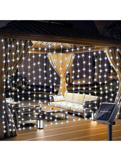 أضواء الستائر الشمسية LED خارجية جزء من أضواء الشريط الساحرة الشمسية بطول 100 أو 200 أو 300 LED زخرفة سلك نحاسي لحديقة البفيليون والنافذة والجدار واحتفالات الهالوين والزفاف والعطلات وعيد الميلاد