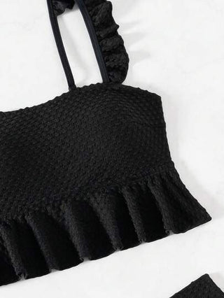 طقم تانكيني حريمي Swim مجموعة عطلة الربيع 2 قطع: توب بحمالات بوردرات منسدلة رمادي وتنورة عالية الخصر ذات بوردرات، طقم بيكيني بحري صغير محاك