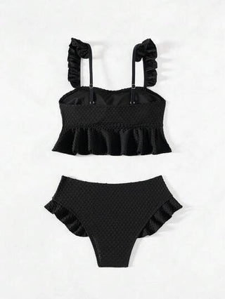 طقم تانكيني حريمي Swim مجموعة عطلة الربيع 2 قطع: توب بحمالات بوردرات منسدلة رمادي وتنورة عالية الخصر ذات بوردرات، طقم بيكيني بحري صغير محاك