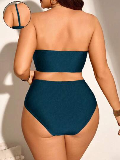 SHEIN Swim Curve 2 قطعة / مجموعة ملابس سباحة بيكيني حجم كبير للنساء، تصميم مخطط والوان متباينة، بسيط وأنيق مناسب للعطلات الصيفية والاستجمام على الشاطئ