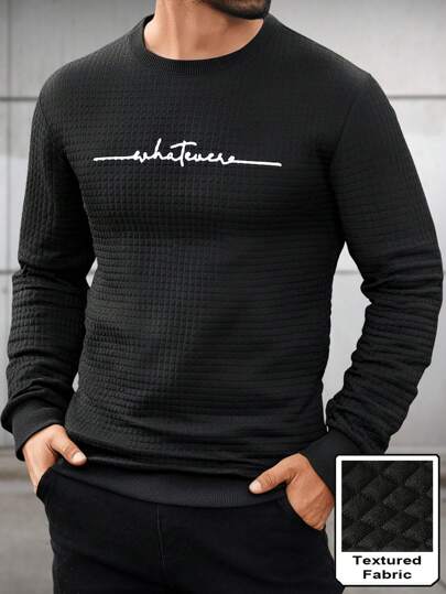 Manfinity Homme بلوزة رياضية بياقة مستديرة مطبوع عليها تصميم كتابي بسيط للرجال