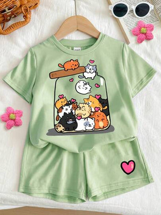 girls-sets طقم قصير الأكمام وشورت قطعتين بسيط وكاجوال للفتيات التين بتصميم القطة الظريفة والحب، مناسب للصيف
