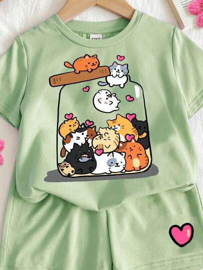 girls-sets طقم قصير الأكمام وشورت قطعتين بسيط وكاجوال للفتيات التين بتصميم القطة الظريفة والحب، مناسب للصيف
