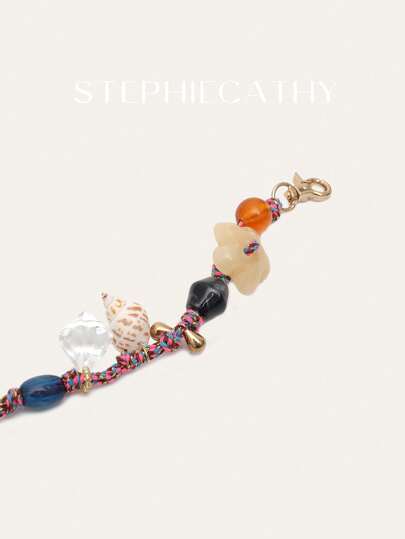 STEPHIECATHY سوار يدوي مضفر بالحبال الملون مزين بأشكال الأصداف والزهور وخرز ملون، قلادة وسلسلة مفاتيح مناسبة لإكسسوارات الحقائب والهواتف وأكسسوارات حفلة عيد الحب