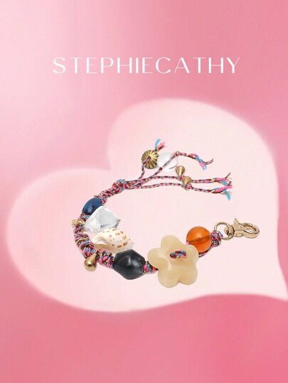 STEPHIECATHY سوار يدوي مضفر بالحبال الملون مزين بأشكال الأصداف والزهور وخرز ملون، قلادة وسلسلة مفاتيح مناسبة لإكسسوارات الحقائب والهواتف وأكسسوارات حفلة عيد الحب