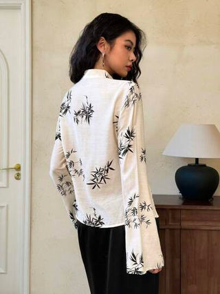 EastFlair قميص نسائي كاجوال بياقة رسمية وأكمام طويلة مطبوع مزين بالآللئ الزائفة