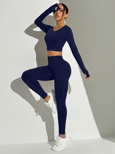SHEIN Sport Studio طقم رياضي بدون ظهر أكمام طويلة وبنطلون لون أحادي سلس