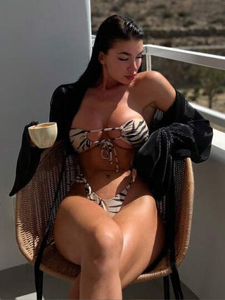 Swim 2 قطعة من البكيني لموسم الربيع للنساء، ملابس علوية مع شراشيب بدون ظهر مربوط أسفل مع ربطة جانبية للعطلات على الشاطئ
