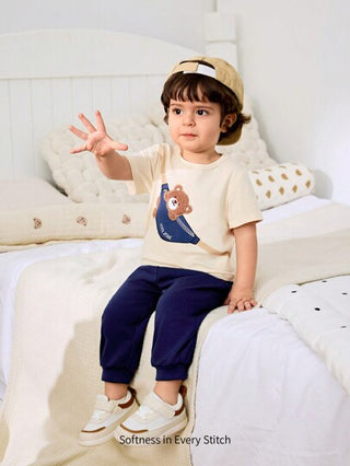 Cozy Pixies مجموعتان من الطفل الذكر, قمصان برقبة مستديرة قصيرة الأكمام ذات طبعات كرتونية دب ومرنة الخصر سروال