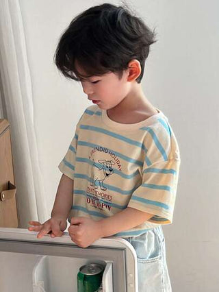 Dazy Kids تي شيرت أكمام قصيرة مخطط مع طباعة كرتونية "صبي صغير"