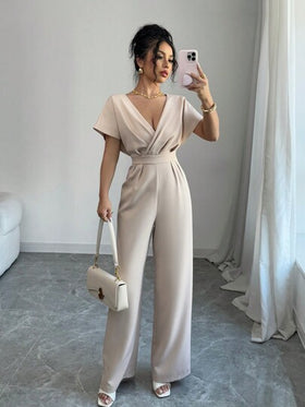 Rafferiza جمبسوت قصيرة الأكمام ذات لون واحد غير رسمية بخصر مشدود للنساء