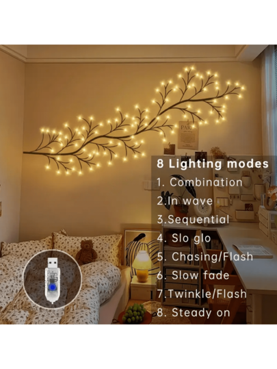 1 قطعة إضاءة عنب صناعية طاقتها من منفذ USB تعمل ب- 96 مصباح LED بطول 1.85م/6قدم، قابلة للثني، 8 وضعيات إضاءة، مناسبة لديكور المنزل/غرفة/الجدار/الفناء/حفلة العطلات/غرفة الألعاب/المكتب