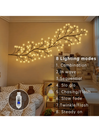 1 قطعة إضاءة عنب صناعية طاقتها من منفذ USB تعمل ب- 96 مصباح LED بطول 1.85م/6قدم، قابلة للثني، 8 وضعيات إضاءة، مناسبة لديكور المنزل/غرفة/الجدار/الفناء/حفلة العطلات/غرفة الألعاب/المكتب