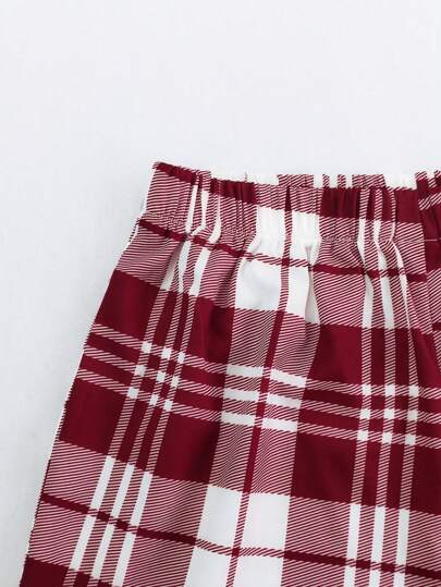 مجموعة من تي شيرت بأكمام قصيرة وشورت مطبوعة بالمربعات للرجال، ملابس منزلية عادية، قطعتين