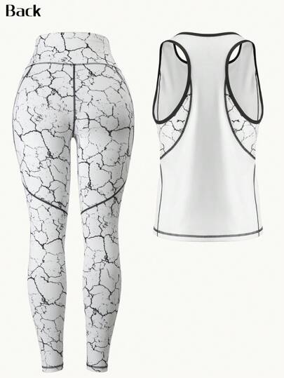 SHEIN Sport Studio طقم برزنتة رياضية للنساء مكون من 2 قطعة، ملابس علوية خزان فضفاض وبنطال رياضي ذو خصر عالي مطبوع، مريح وكاجوال للياقة البدنية والأنشطة الخارجية