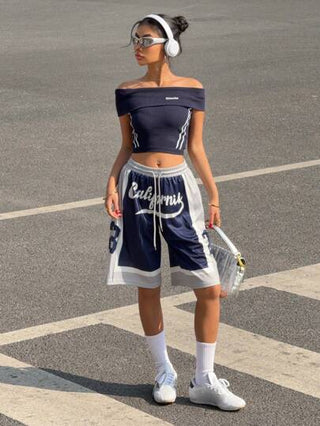 EZwear سروال قصير كاجوال للنساء بخصر باسحب وطباعة أحرف