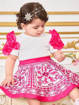 طقم ملابس علوية بدون أكمام برسومات زهرية وتنورة قصيرة للفتيات الصغار، ملابس عطلة صيفية