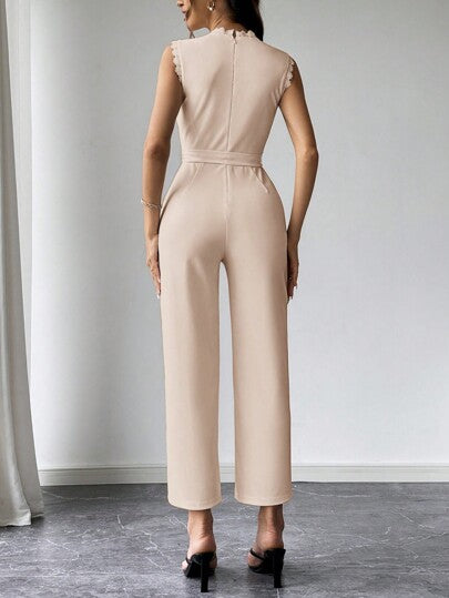 SHEIN Privé بدلة قطعة واحدة للنساء، عريضة الساق، قصيرة بدون أكمام، من التطريز الأبيض، خصر عالٍ